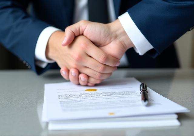 Due business leader che firmano un documento legale in un ufficio moderno